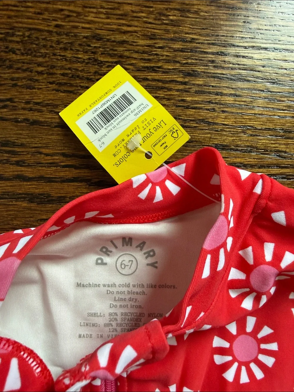 NWT Primary Girls Pink Red Sun Zip Swim one piece and drawstring trunks size 6/7